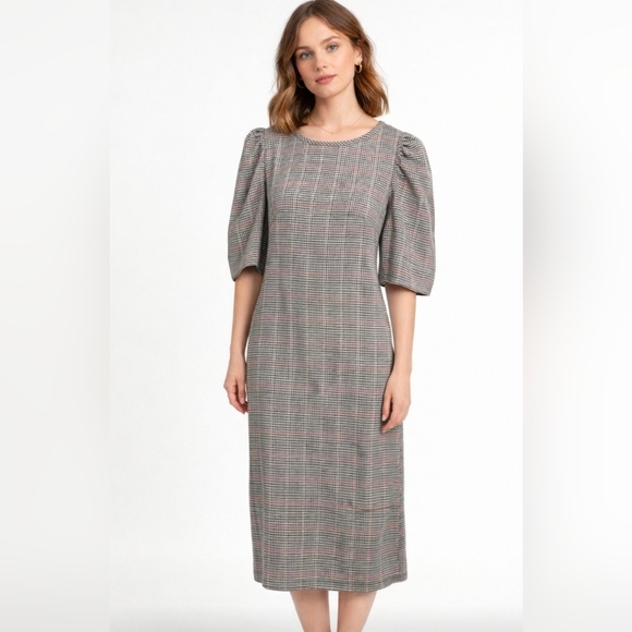 Tacera Dresses & Skirts - Tacera  Herringbone puff sleeves dress  Small Cream Pencil  Red  plaid